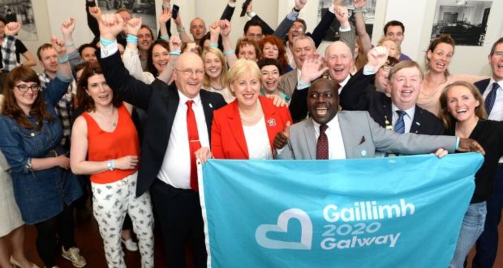 A file photograph from July 2016 shows the then minister for arts Heather Humphreys with members of the Galway team who won the European Capital of Culture for 2020. Photograph: Cyril Byrne