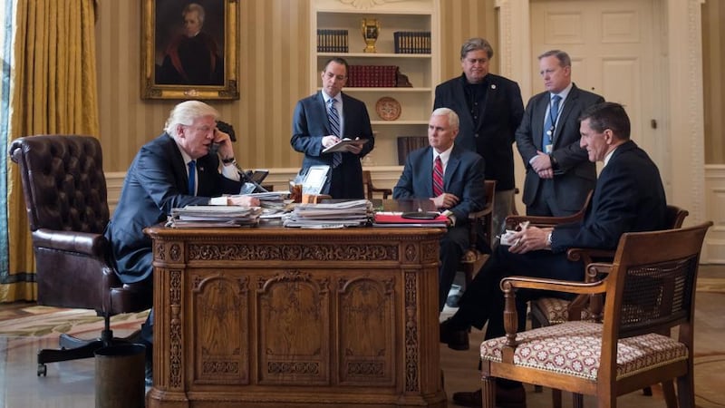 Almost comically inept: Donald Trump with Reince Preibus, Steve Bannon, Sean Spicer and Mike Flynn, all of whom have been banished from the White House. Photograph: Drew Angerer/Getty