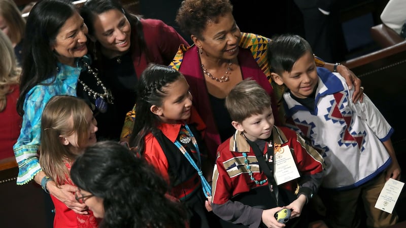 Children pose with member-elect reps Deb Haaland (L), Sharice Davids, Barbara Lee (R) during the first session of the 116th Congress. Photograph: Win McNamee/Getty Images