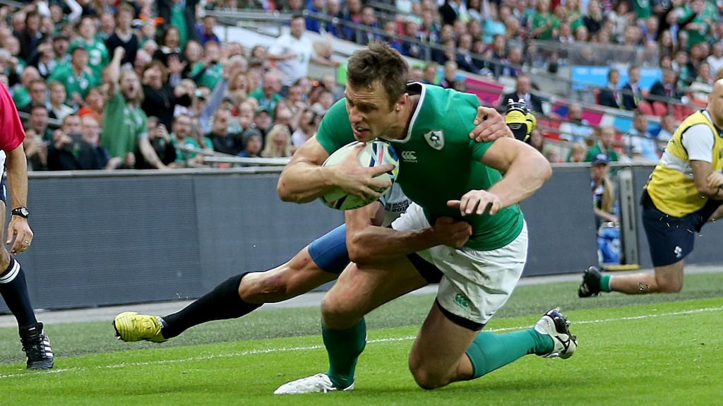 Tommy Bowe scores Ireland’s fourth try during the Rugby World Cup game against Romania at Wembley Stadium in September 2015. Photograph: Dan Sheridan/Inpho