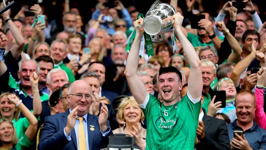 Limerick’s Declan Hannon lifts the Liam MacCarthy following the 2018 All-Ireland final win over Galway. “Once my family and friends are happy and healthy and we have enough money for things, that’s all that matters.” Photograph: Ryan Byrne/Inpho