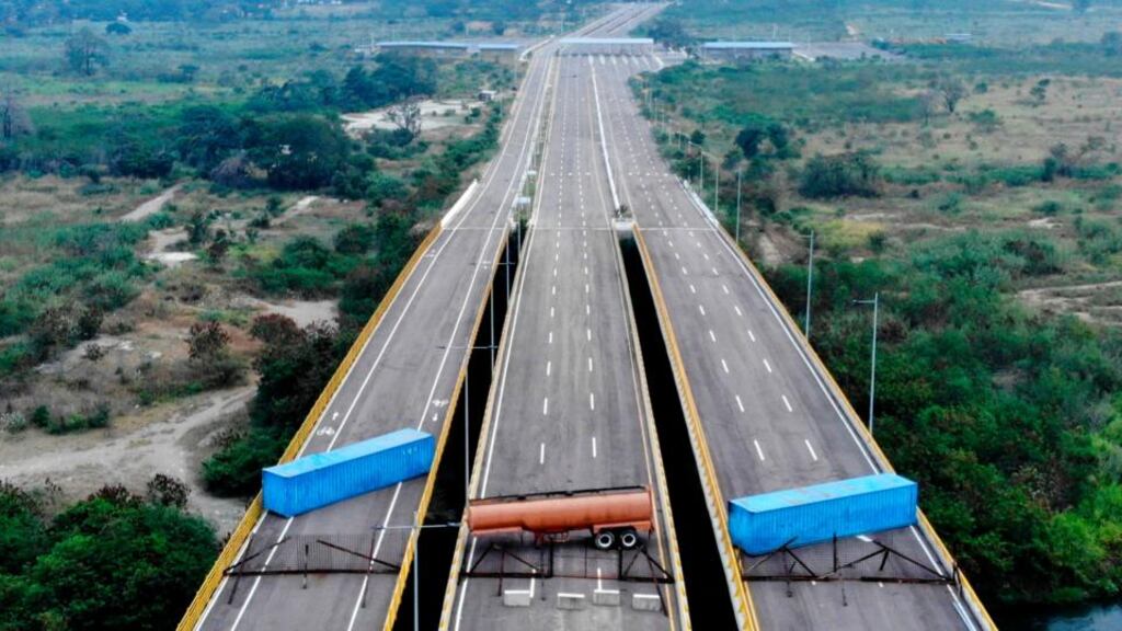 An aerial view of the Tienditas Bridge, in the border between Cucuta, Colombia and Tachira, Venezuela, after Venezuelan military forces formed a blockade on February 6th Photograph: Edinson Estupinan/AFP/Getty