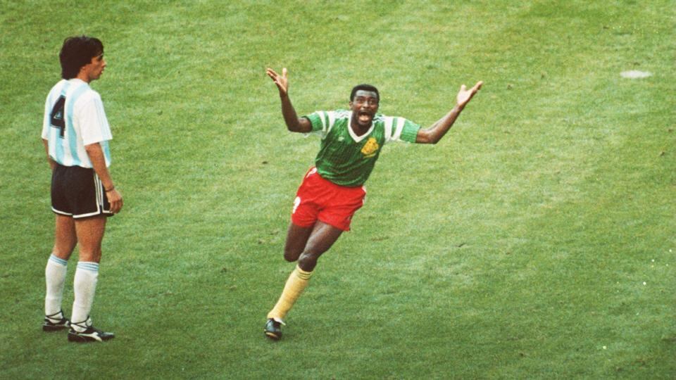 François Omam-Biyik wheels away after his goal against Argentina in 1990.
