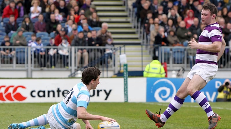 Blackrock’s Keenan goes over for a try against Clongowes in the Leinster Schools Senior Cup final in 2014. Photograph: Colm O’Neill/Inpho