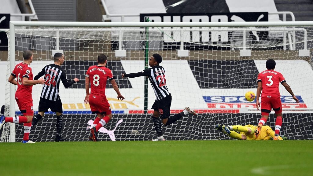 Newcastle United’s Joe Willock celebrates his goal against Southampton. Photograph: Getty Images
