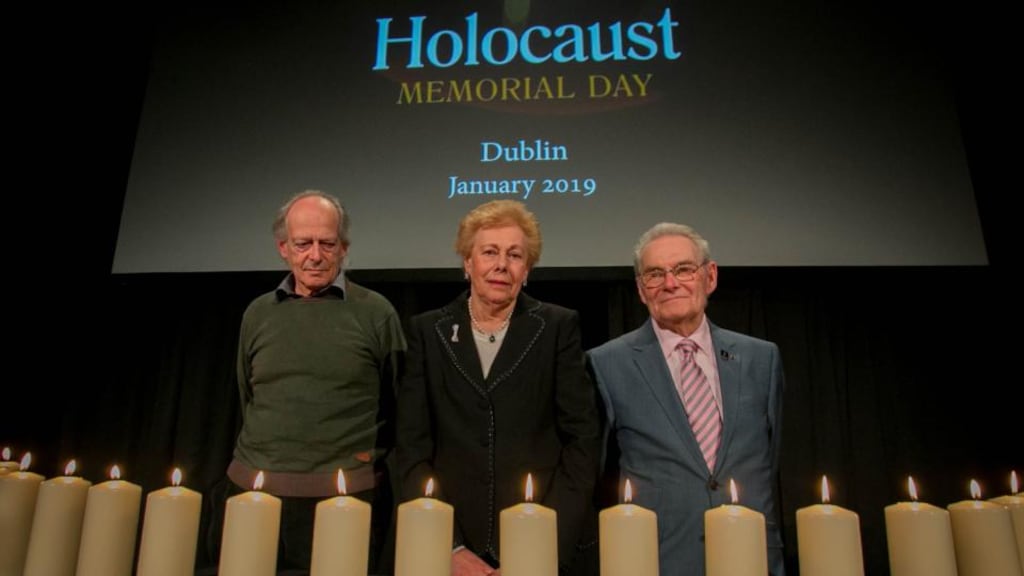 Irish Holocaust survivors (from left to right) Walter Sekules, Suzi Diamond and Tomi Reichenthal attending the Holocaust Memorial Day commemoration in the Mansion House, Dublin on Janauary 27th Photo: Gareth Chaney/Collins