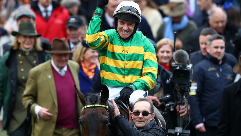 ‘Social-distancing wasn’t even a concept.’ Barry Geraghty celebrates winning the Unibet Champion Hurdle Challenge Trophy (Grade 1) at Cheltenham Racecourse on March 10, 2020 in Cheltenham, England. Photograph: Michael Steele/Getty Images
