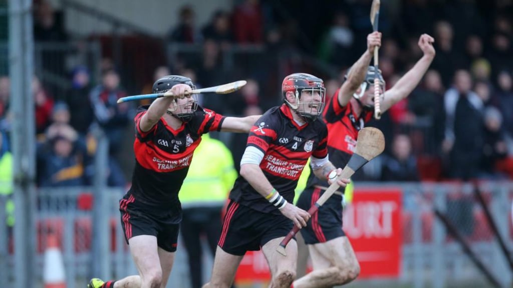 Mount Leinster players Diarmuid Byrne and Gary Kelly celebrate their team’s victory over Loughgiel Shamrocks in the All-Ireland club hurling semi-finals.