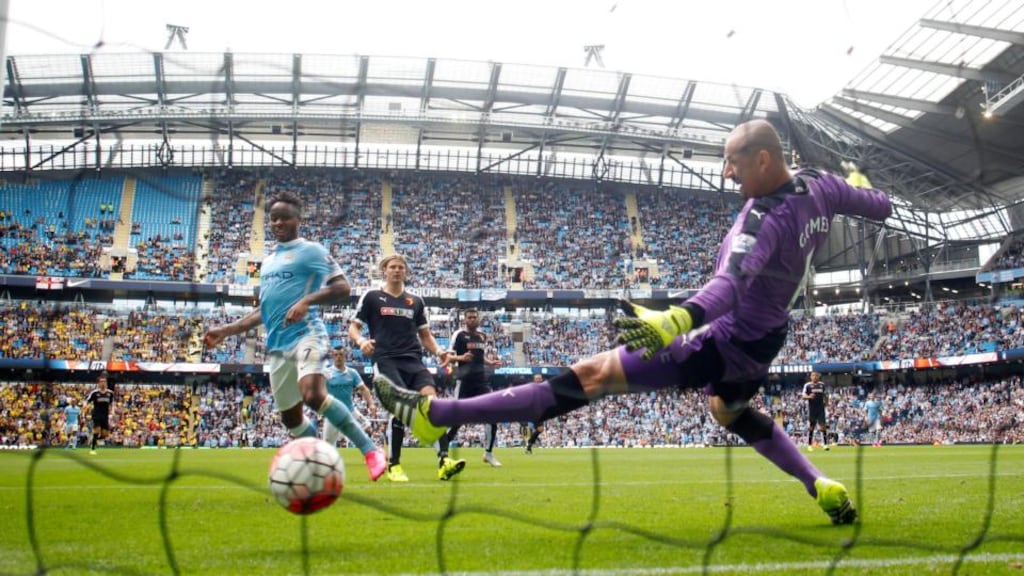 Raheem Sterling scores the first goal for Manchester City vs Watford. Photograph: Jason Cairnduff/Reuters