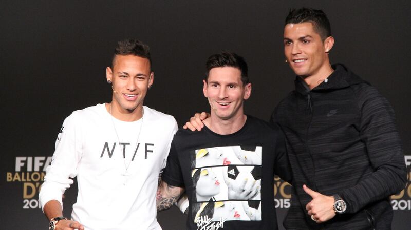 Neymar, Messi and Ronaldo at the 2015 Ballon d’Or ceremony. Photo: Getty Images