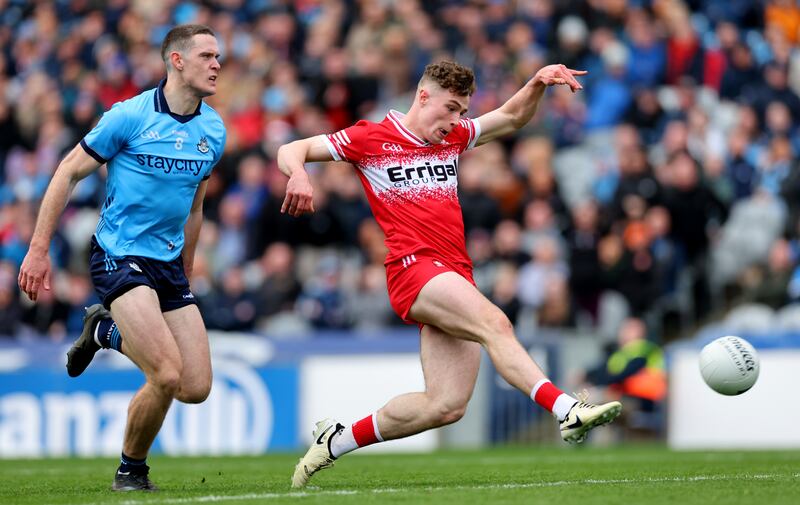 Derry’s Eoin McEvoy scores his side's second goal against Dublin in the league final win at Croke Park. Photograph: James Crombie/Inpho
