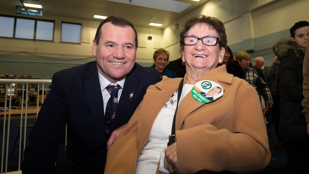 Sinn Féin TD Paul Donnelly with his mother Bridie at the Dublin West counting centre in Phibblestown Community Centre, Dublin 15. Photograph: Tom Honan