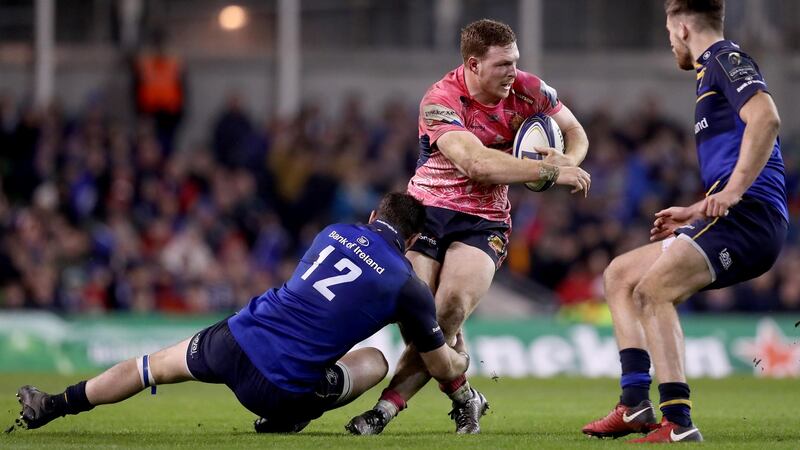 Robbie Henshaw tackles Sam Simmonds during Leinster’s 2017 Champions Cup pool victory over Exeter. Photograph: Tommy Dickson/Inpho