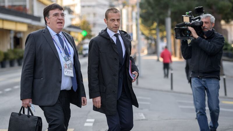 Aleksander Ceferin and Uefa general secretary Theodore Theodoridis arrive at the Uefa congress in Montreux. Photo: Fabrice Coffrini/AFP via Getty Images