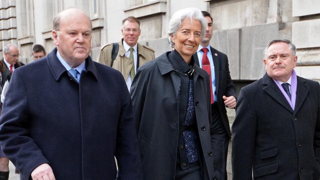 ‘One of the major lessons to be learned from Ireland’s experience, according to Michael Noonan (above with IMF managing director, Christine Lagarde and Minister for Public Expenditure, Brendan Howlin), was that all future multi-annual programmes should, from the very beginning, address the social consequences of the policies being proposed and ensure that these impacts were addressed.’  Photograph: Eric Luke / The Irish Times