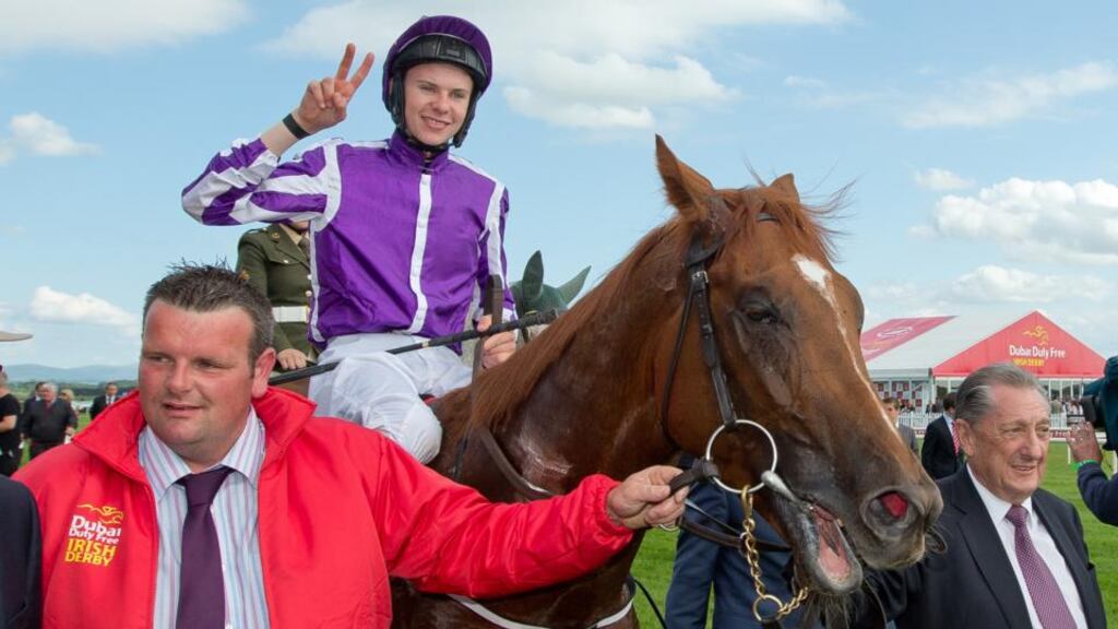 Joseph O’Brien celebrates winning the Irish Derby on  Australia at the Curragh. Photograph: Morgan Treacy / Inpho