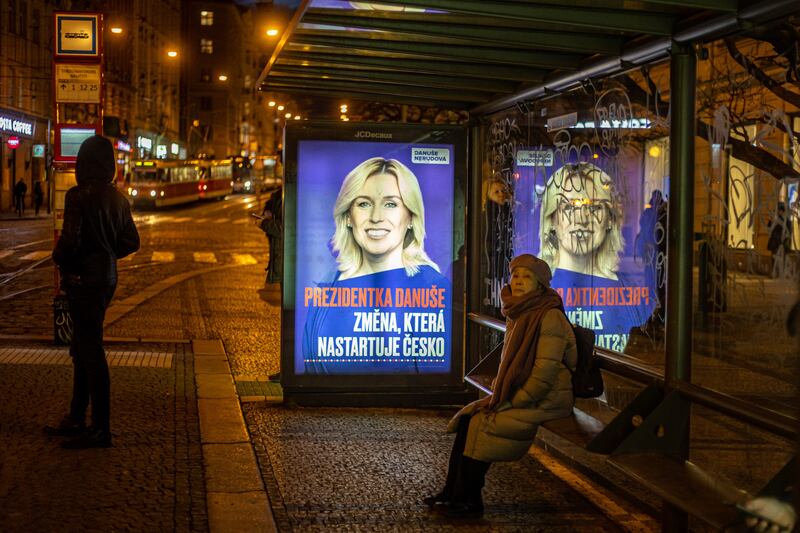 An election poster of Czech presidential candidate Danuše Nerudová at Prague tram station. Photograph: Maratin Divisek/EPA-EFE