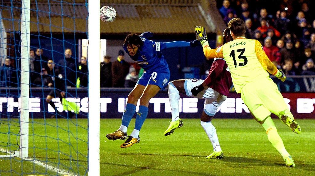 AFC Wimbledon’s Toby Sibbick scores his side’s fourth goal of the game during the FA Cup fourth-round match against West Ham at Kingsmeadow. Photograph: Daniel Hambury/PA Wire
