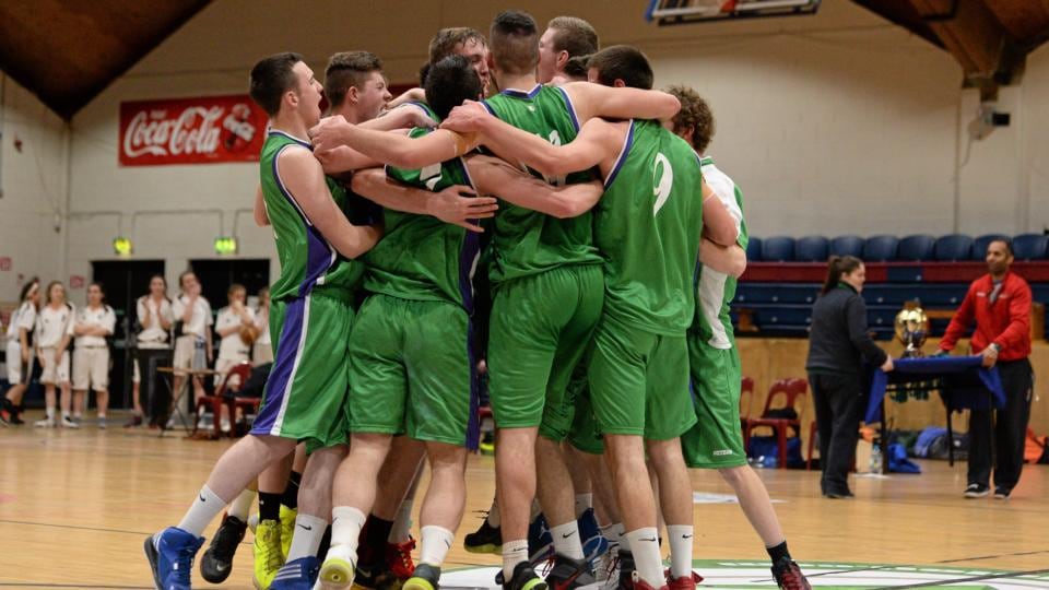 Ard Scoil Rathangan celebrate victory at the end of the game. All-Ireland Schools Cup U19A Boys Final, St Eunan’s College v Ard Scoil Rathangan. Photograph: Barry Cregg/Sportsfile