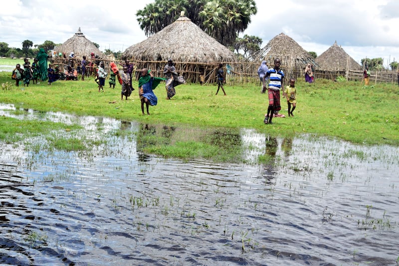 Residents in the flooded village of Lumshi in Mpeketoni, Kenya. Photograph: Gideon Maundu/AP