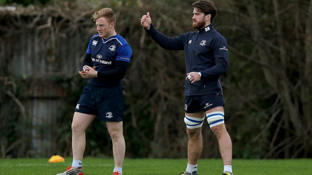 James Tracy and Dominic Ryan take part in Leinster Rugby Squad Training, Rosemount, UCD 25th January. Photograph: Donall Farmer/INPHO