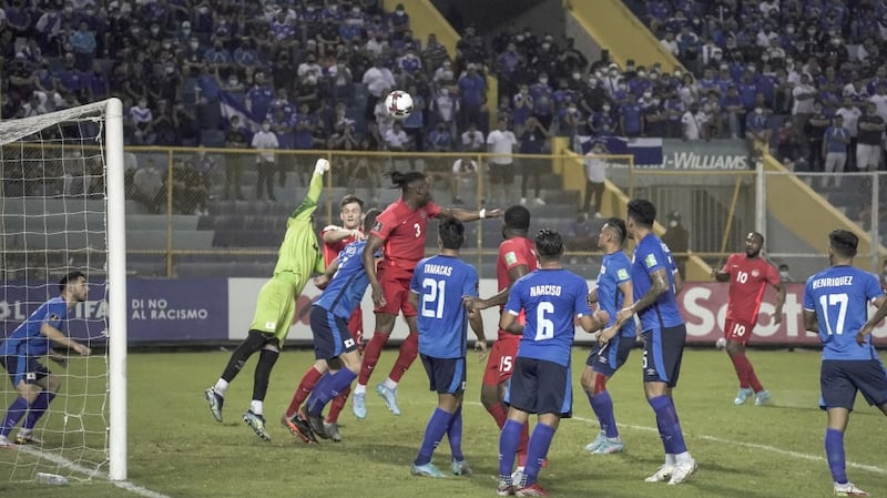 Players from Canada and El Salvador fight for the ball during a World Cup qualifier in El Salvador.  Photograph: Camilo Freedman/Sopa Images/LightRocket via Getty Images