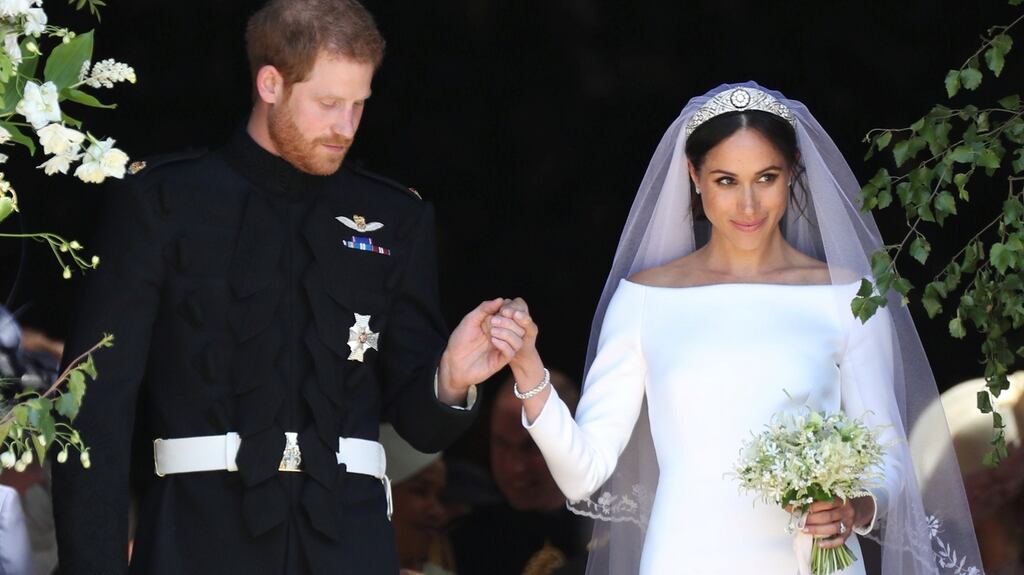 Meghan Markle and Prince Harry leave St George’s Chapel at Windsor Castle following their wedding. Photograph: Jane Barlow/PA Wire/Pool via Reuters