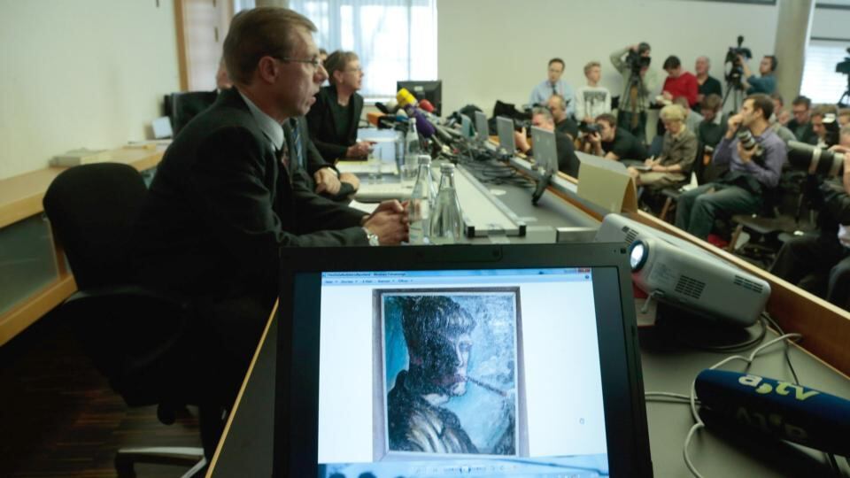 Recovered: a self-portrait by Otto Dix is displayed at the press conference this week to announce the discovery of the hoard. Photograph: Johannes Simon/Getty