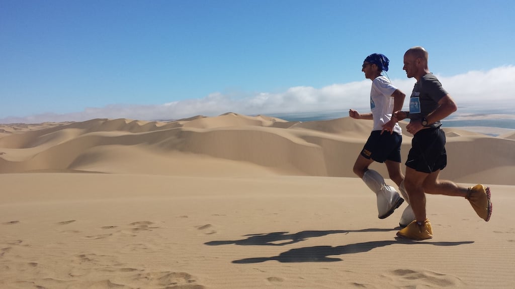 Donnie Campbell and Andrew Murray high in the Namib Dunes. Photograph: Johnny Graham, DigitalPict Photography