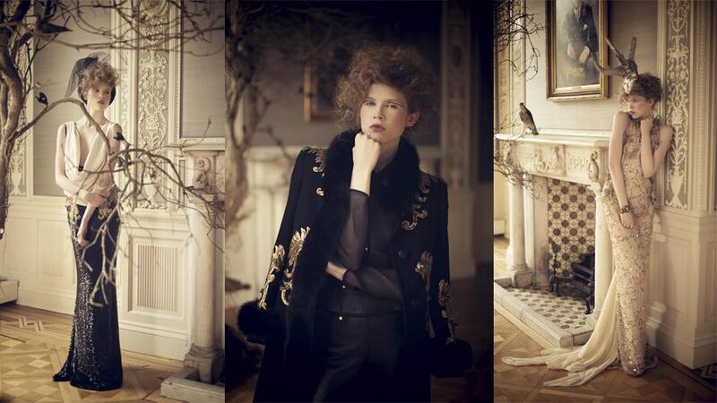 (L-R) Image One: White and Black Gold Embroidered Dress €2,100, headband made to order. Image Two: leather trousers, €429, mesh silk top, €210, cashmere coat, €2,150, Umit Kutluk; ring from Bow at Powerscourt. Image Three: Gold dress, Umit Kutluk, €2,800; skull bracelet, €455 at Brown Thomas; antlers made to order by Linda McKay.