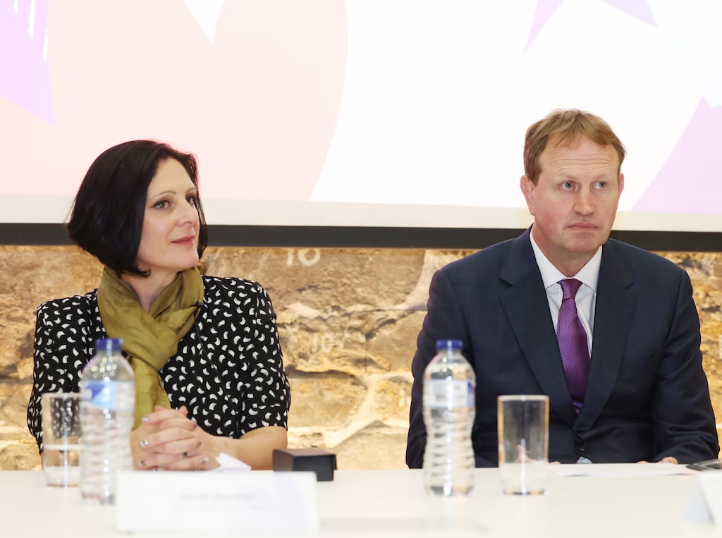 Women’s Aid chief executive Sarah Benson and Minister for Justice Jim O’Callaghan at the launch of the Women's Aid report in Dublin on Wednesday. Photograph: Leon Farrell/Rollingnews.ie