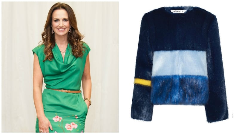 Lorraine Keane (left) will be hosting “Keane On Style” at Ballyroe Heights Hotel in Tralee, Co Kerry on Friday, January 6th; (right) Navy and black “Outlaw” fake fur jacket by Bandit of London at Arnotts, now €318.50, down from €455