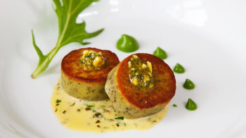 Sage gnocchi with ‘Wild About’ nettle pesto cream and garlic purée served at the Irish Food Writers’ Guild awards lunch at l’Ecrivain restaurant