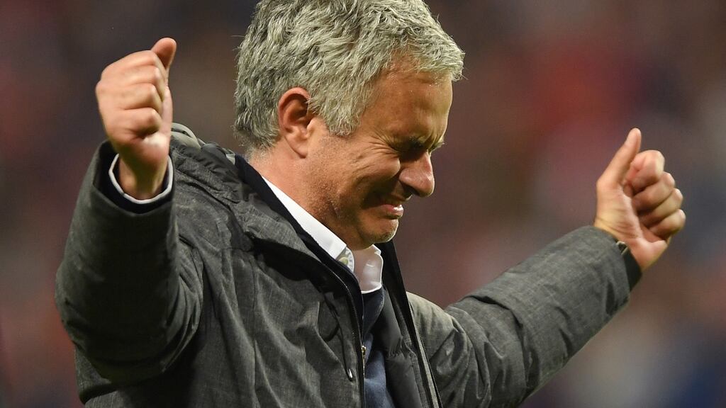 Manchester United manager Jose Mourinho shows his emotions after victory over Ajax in the Europa League final in Stockholm. Photograph: Mike Hewitt/Getty Images