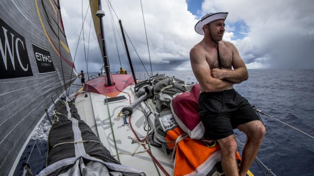 Justin Slattery aboard Abu Dhabi Ocean Racing’s Azzam at the front of the Volvo Ocean Race fleet. Photograph: Matt Knighton/Getty Images