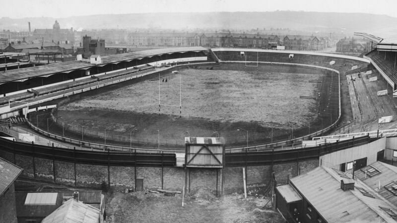 The Cardiff Arms Park rugby stadium ready for a big game between Wales and Scotland, 1st February 1935. Photograph: Fox Photos/Getty Images