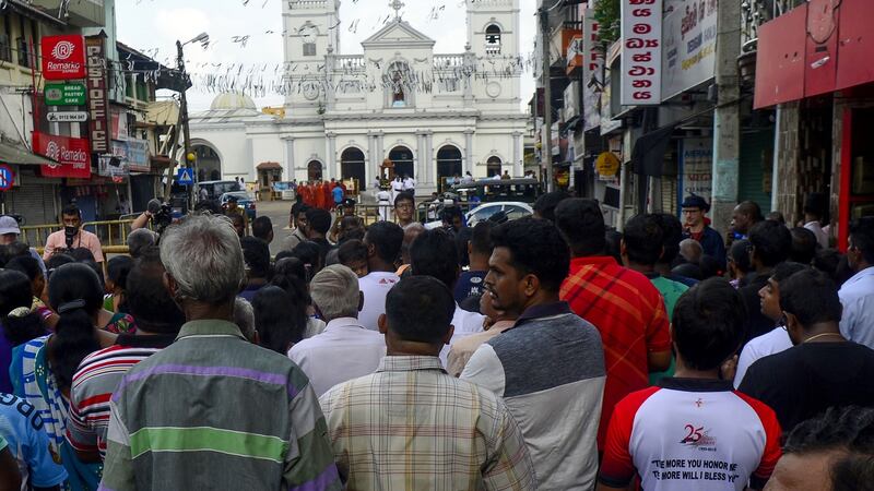 Sri Lankan Christians pray at a barricade near St Anthony’s Shrine in Colombo on April 28th, 2019. Photograph: Lakruwan Wanniarachchi/AFP/Getty Images