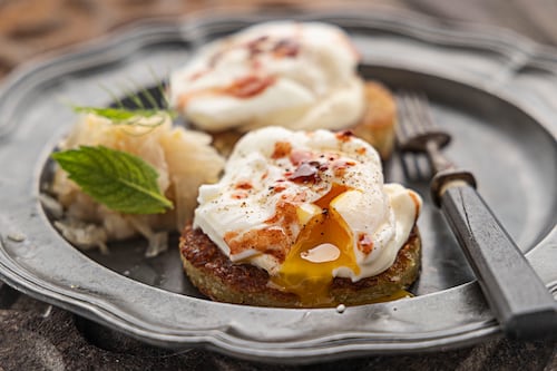 Potato and cabbage rosti with poached eggs