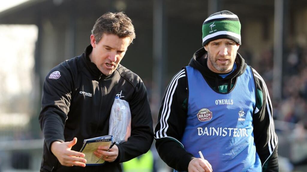Jason Ryan (left) with then Kildare manager Kieran McGeeney at a National League match earlier this year. Ryan is set to be named McGeeney’s successor this evening. Photograph: Cathal Noonan/Inpho.