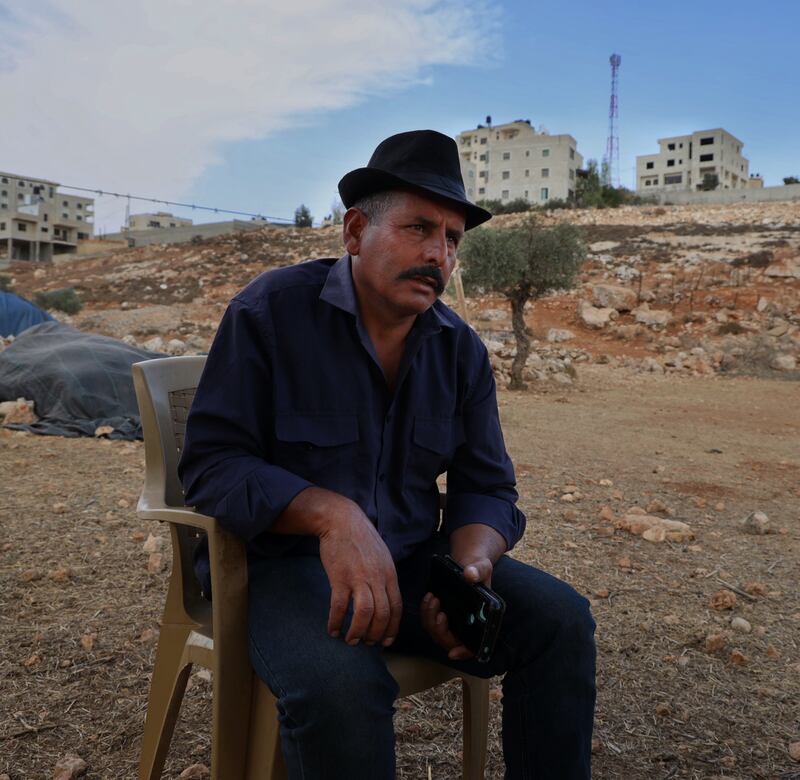 Abu Bashar, 48, a community leader for the Bedouins at Wadi a-Seeq in Taybeh where his family are now living after being displaced. Photograph: Hannah McCarthy
