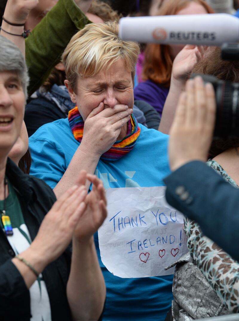 Thank you Ireland: emotions running high on results day at Dublin Castle. Photograph: Dara Mac Dónaill/The Irish Times