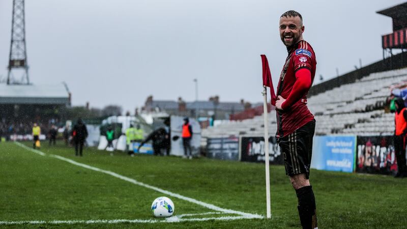 Bohemians’ Keith Ward amused by the conditions during the SSE Airtricity League Premier Division match against Shamrock Rovers at Dalymount Park. Photograph: Brian Reilly-Troy/Inpho