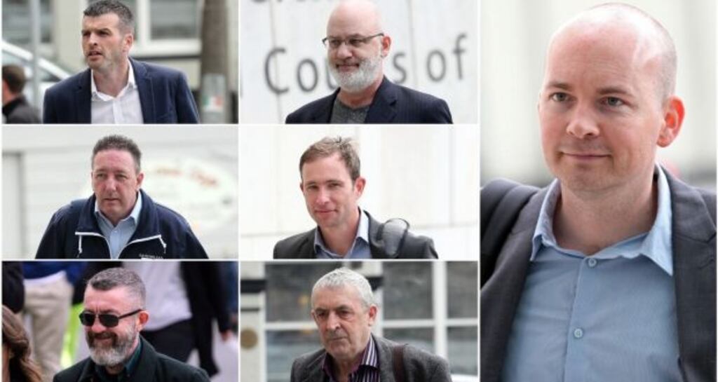 Paul Murphy (right) and six other men are charged with falsely imprisoning former tánaiste Joan Burton during an anti-water charges protest three years ago. The other men (clockwise from top left) are: Scott Masterson, Michael Murphy, Kieran Mahon, Frank Donaghy, Ken Purcell and Michael Banks. Photographs: Collins