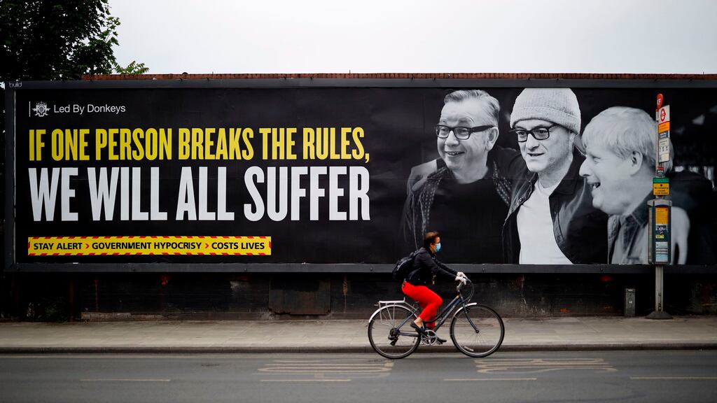 Led by Donkeys: Michael Gove, Dominic Cummings and Boris Johnson on a protest billboard in London. Photograph: Tolga Akmen/AFP via Getty