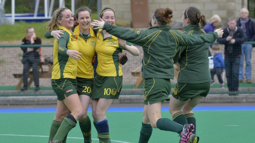 Railway Union celebrate their victory over Pembroke Wanderers in the Irish Hockey League semi-final. Photo: Rowland White/Inpho/Presseye