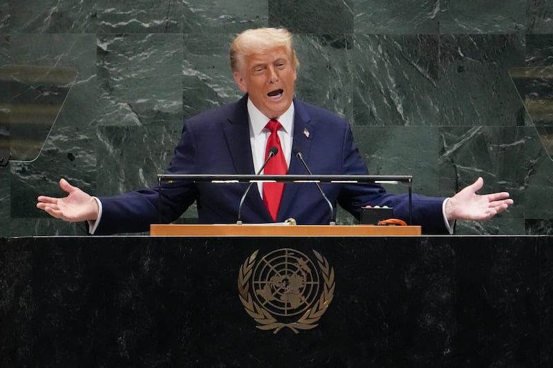 US President Donald Trump tells the UN general assembly about his record in office. (Photo by TIMOTHY A. CLARY / AFP)