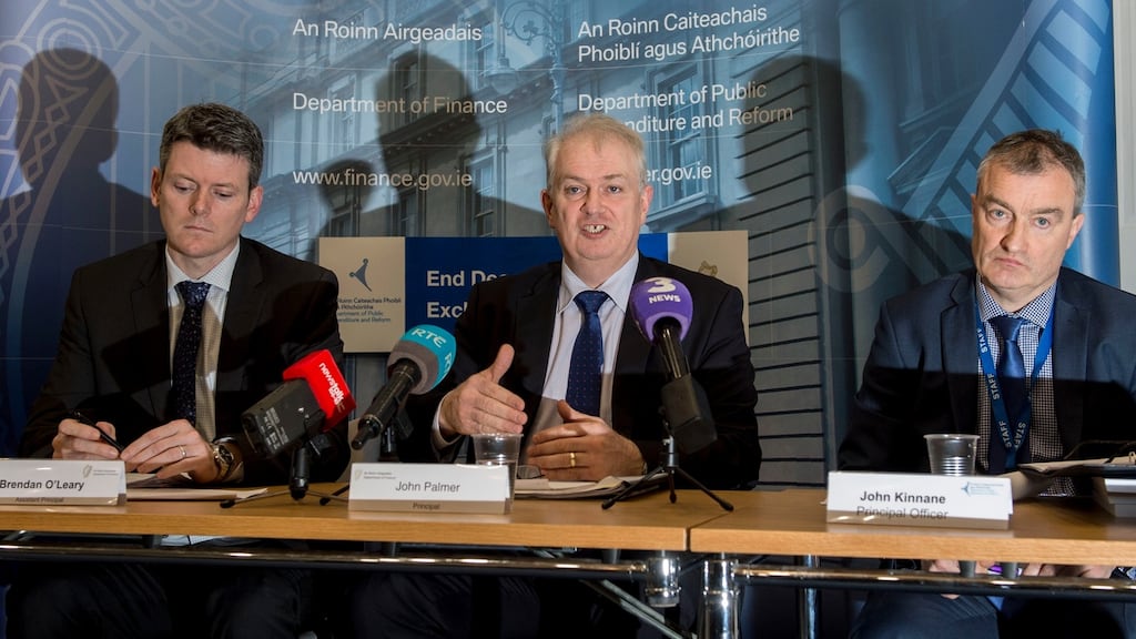 Brendan O’Leary, John Palmer and John Kinnane of the Department of Finance, at a press conference on Wednesday to announce the end-year exchequer returns. Photograph: Brenda Fitzsimons