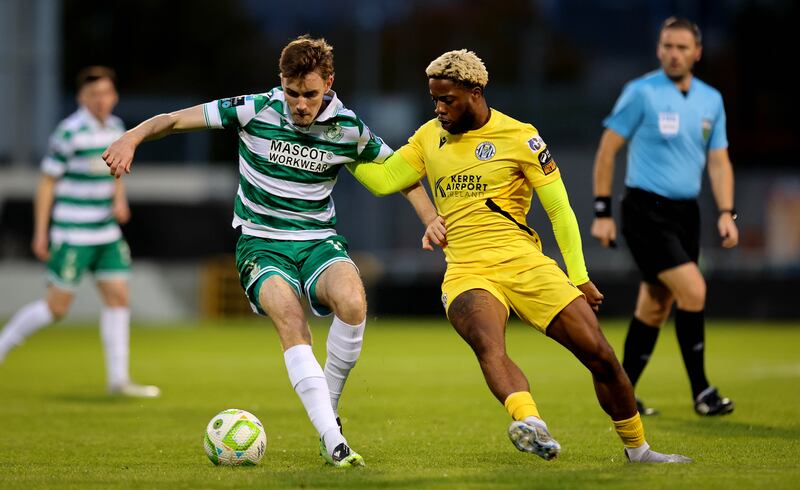 Shamrock Rovers’ Matt Healy in action against Daniel Okwute of Kerry FC during the semi-final. Photograph: Ryan Byrne/Inpho