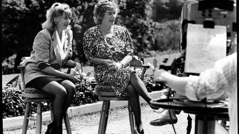Journalists Emily O’Reilly and Nuala O Faolain appearing on the American television show “Good Morning America” via satellite. The show was beamed from Mount Juliet estate in Thomastown, Co Kilkenny. Photograph: Paddy Whelan