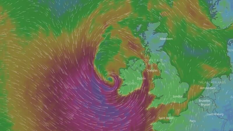 Storm Brian as it makes its way across Ireland on Saturday. Photograph: windy.com